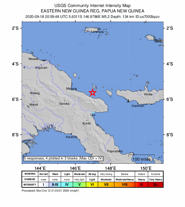 USGS DYFI community-reported intensity map for the M5.2 earthquake near 120 km N of Lae, Papua New Guinea