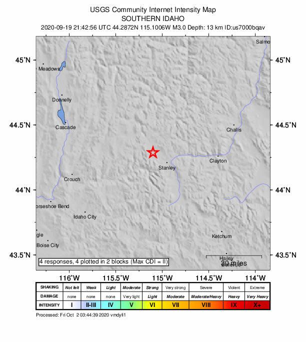 USGS DYFI community-reported intensity map for the M3.0 earthquake near 14 km WNW of Stanley, Idaho