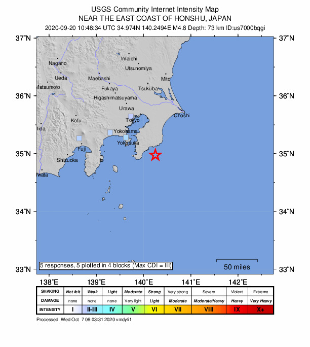 USGS DYFI community-reported intensity map for the M4.8 earthquake near 19 km SE of Kamogawa, Japan