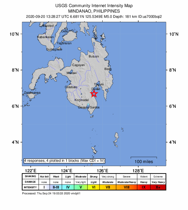USGS DYFI community-reported intensity map for the M5.0 earthquake near 13 km ENE of Tanlad, Philippines