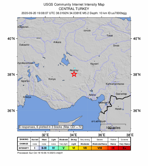 USGS DYFI community-reported intensity map for the M5.1 earthquake near 22 km NE of Emirgazi, Turkey