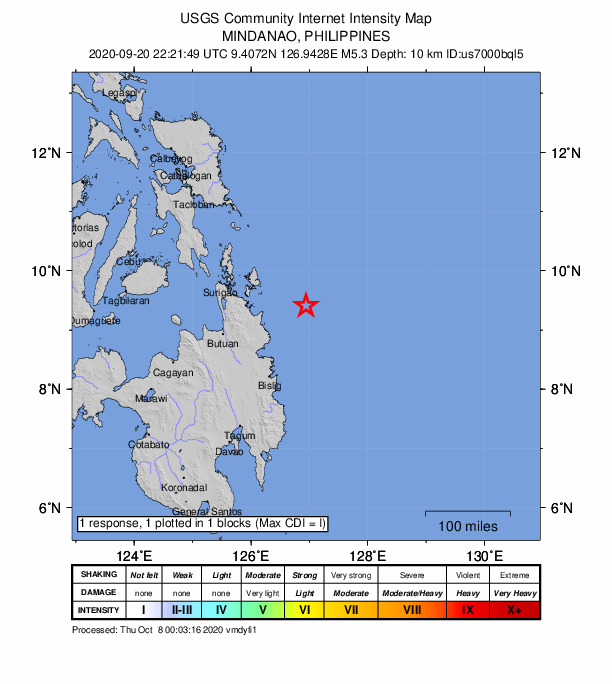 USGS DYFI community-reported intensity map for the M5.3 earthquake near 83 km E of Cortes, Philippines