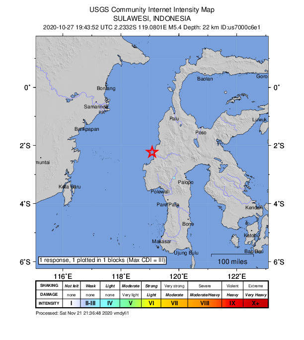 USGS DYFI community-reported intensity map for the M5.4 earthquake near 54 km NNE of Mamuju, Indonesia