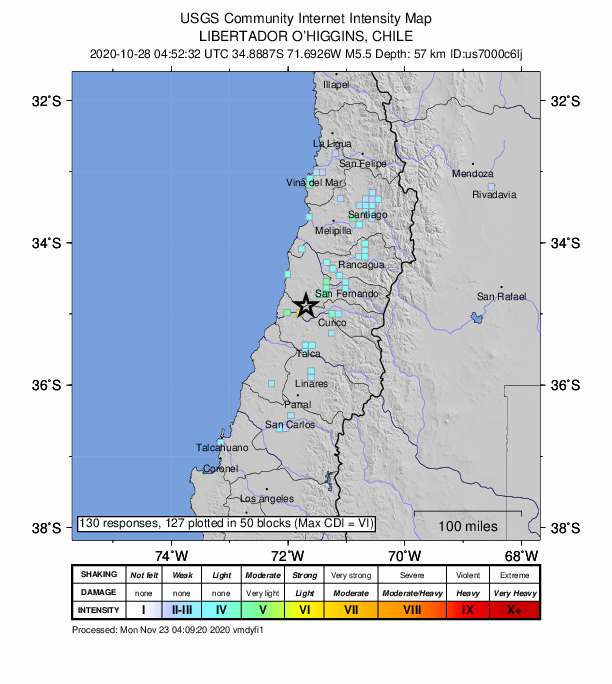 USGS DYFI community-reported intensity map for the M5.5 earthquake near 34 km W of Rauco, Chile