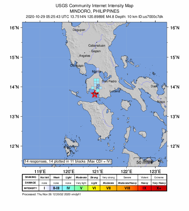 USGS DYFI community-reported intensity map for the M4.8 earthquake near 1 km NW of Bagalangit, Philippines