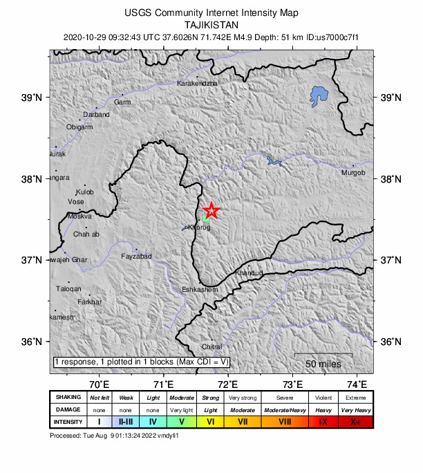 USGS DYFI community-reported intensity map for the M4.9 earthquake near 20 km NE of Khorugh, Tajikistan