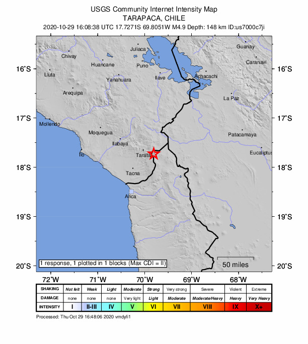 USGS DYFI community-reported intensity map for the M4.9 earthquake near 17 km ENE of Palca, Peru