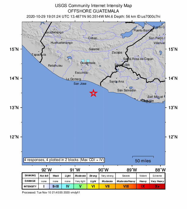 USGS DYFI community-reported intensity map for the M4.6 earthquake near 53 km SW of San Francisco Menéndez, El Salvador