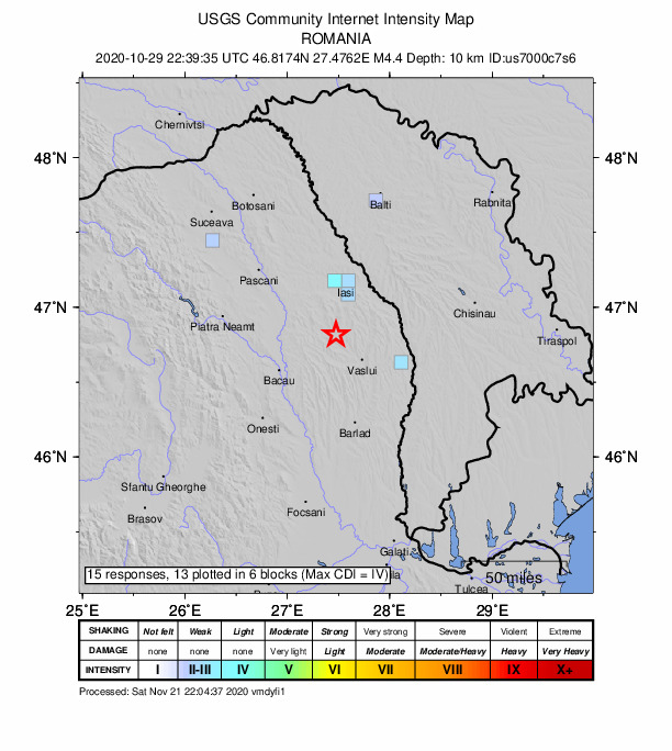 USGS DYFI community-reported intensity map for the M4.4 earthquake near 3 km ESE of Negre?ti, Romania