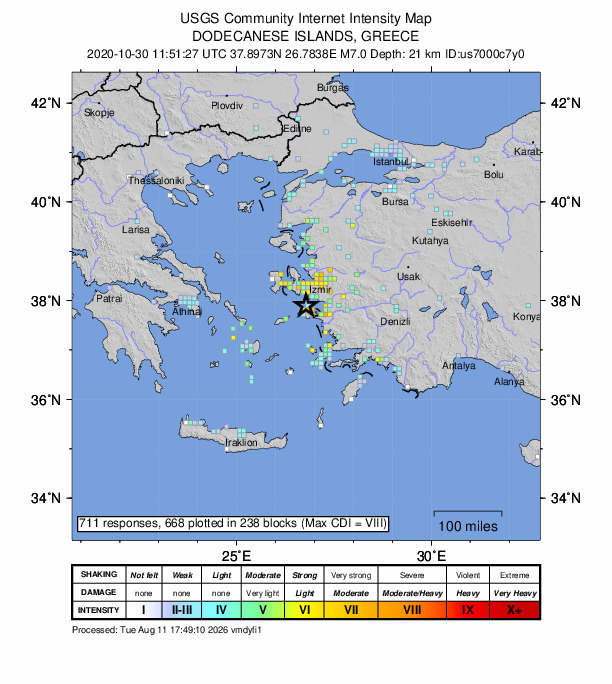 USGS DYFI community-reported intensity map for the M7.0 earthquake near 13 km NNE of Néon Karlovásion, Greece