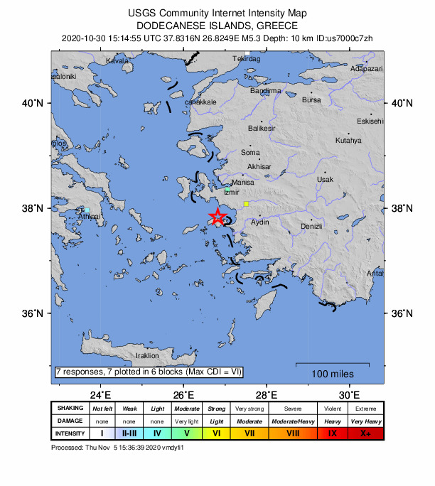 USGS DYFI community-reported intensity map for the M5.3 earthquake near 8 km NW of Kokkári, Greece