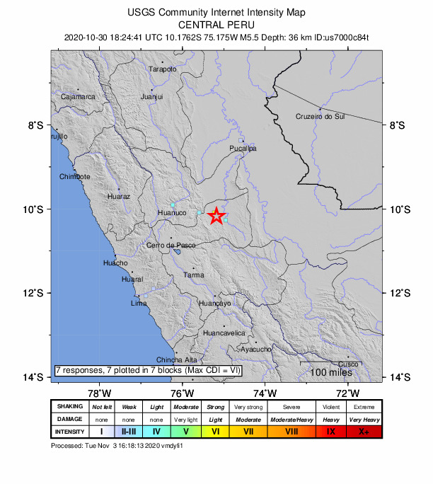 USGS DYFI community-reported intensity map for the M5.5 earthquake near 51 km NNE of Oxapampa, Peru