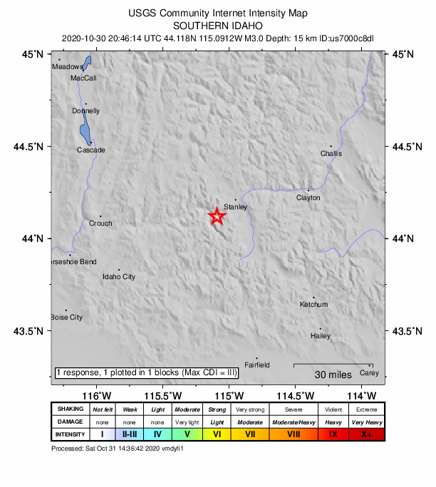 USGS DYFI community-reported intensity map for the M3.0 earthquake near 16 km SW of Stanley, Idaho