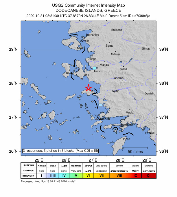 USGS DYFI community-reported intensity map for the M4.9 earthquake near 10 km NNW of Kokkári, Greece