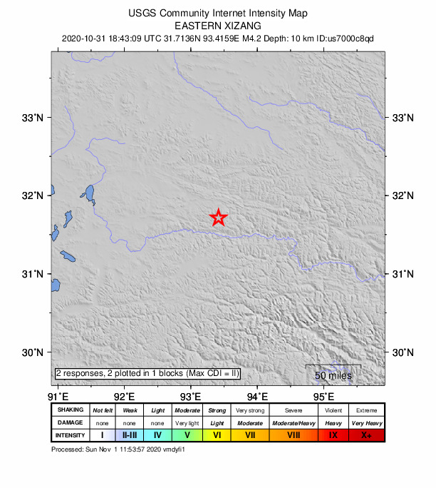 USGS DYFI community-reported intensity map for the M4.2 earthquake near 129 km E of Nagqu, China