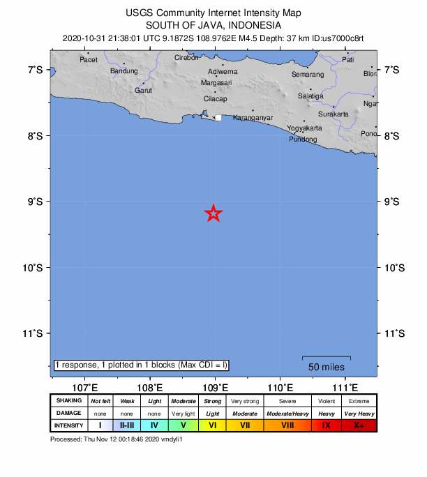 USGS DYFI community-reported intensity map for the M4.5 earthquake near 174 km S of Kroya, Indonesia