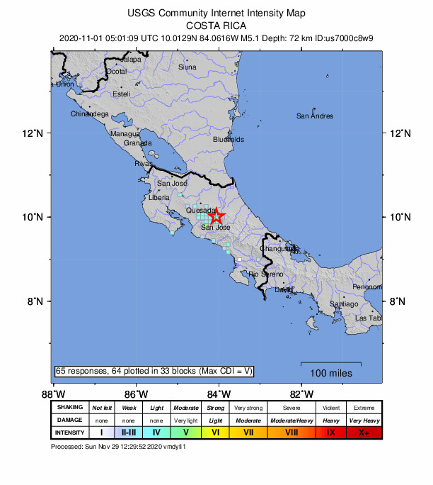 USGS DYFI community-reported intensity map for the M5.1 earthquake near 2 km NNW of Ángeles, Costa Rica