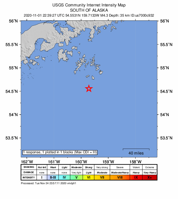 USGS DYFI community-reported intensity map for the M4.4 earthquake near 101 km SSE of Sand Point, Alaska