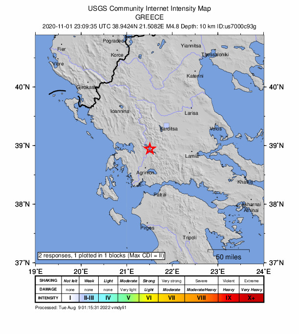 USGS DYFI community-reported intensity map for the M4.8 earthquake near 13 km WSW of Kerasochóri, Greece
