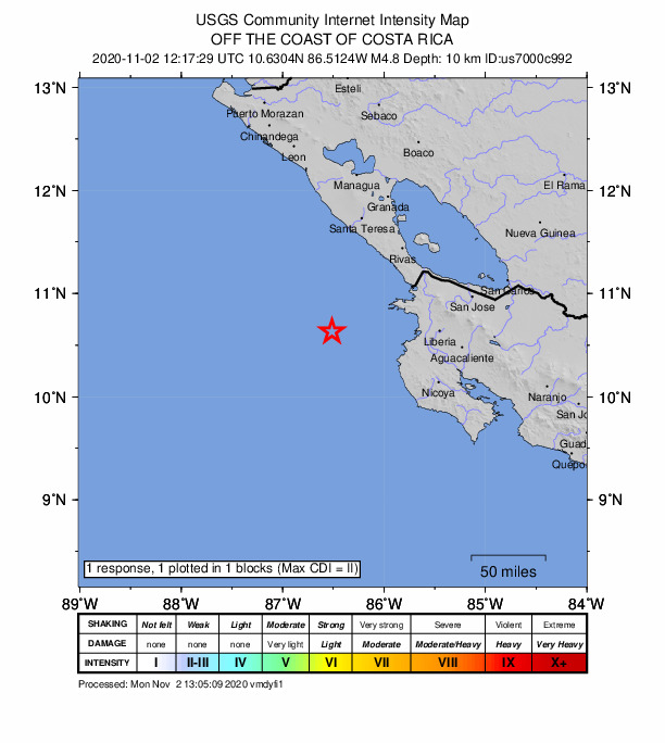 USGS DYFI community-reported intensity map for the M4.8 earthquake near 89 km SW of San Juan del Sur, Nicaragua