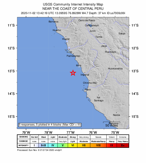 USGS DYFI community-reported intensity map for the M4.7 earthquake near 50 km SW of Asia, Peru