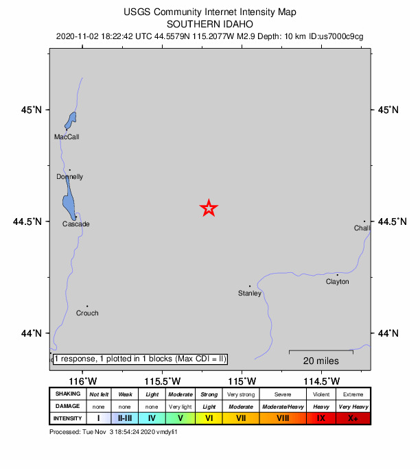 USGS DYFI community-reported intensity map for the M2.9 earthquake near 43 km NNW of Stanley, Idaho