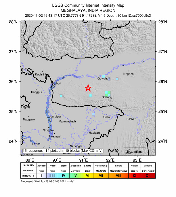 USGS DYFI community-reported intensity map for the M4.5 earthquake near 30 km NNW of Nongstoin, India