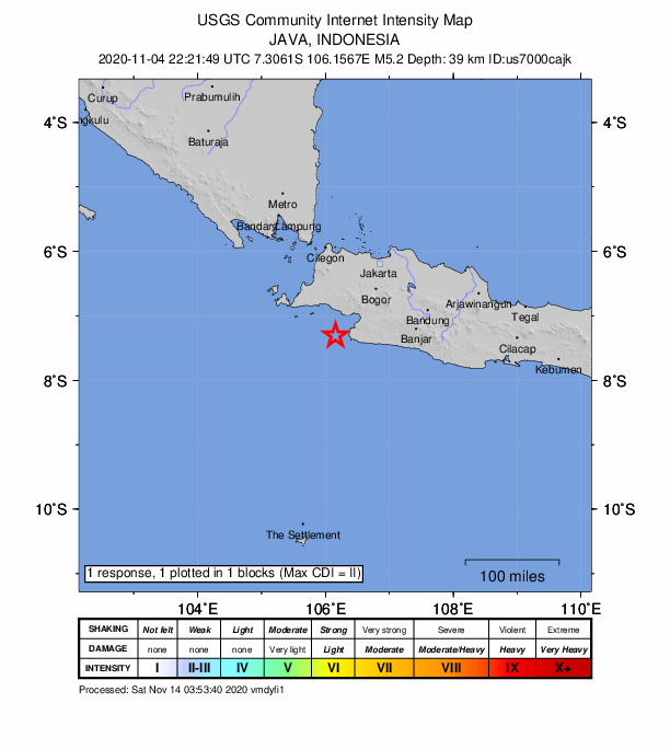 USGS DYFI community-reported intensity map for the M5.2 earthquake near 56 km SW of Pelabuhanratu, Indonesia