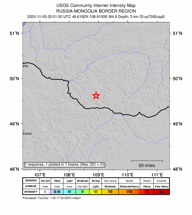 USGS DYFI community-reported intensity map for the M4.9 earthquake near 83 km S of Krasnyy Chikoy, Russia