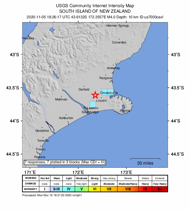 USGS DYFI community-reported intensity map for the M4.0 earthquake near 3 km E of Burnham, New Zealand