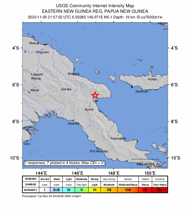 USGS DYFI community-reported intensity map for the M5.1 earthquake near 14 km N of Lae, Papua New Guinea