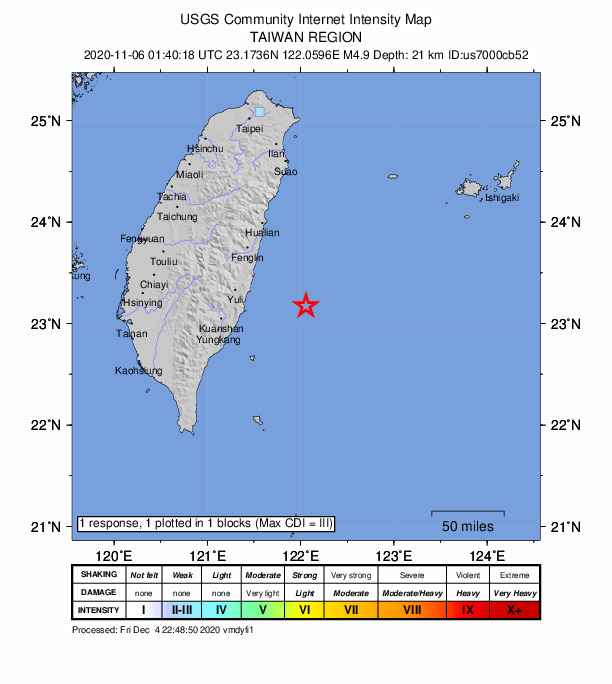 USGS DYFI community-reported intensity map for the M4.9 earthquake near 100 km SSE of Hualien City, Taiwan