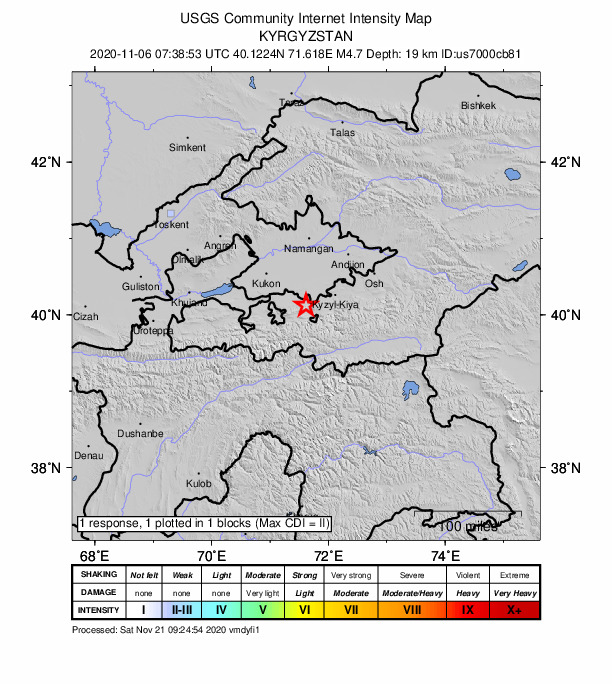 USGS DYFI community-reported intensity map for the M4.7 earthquake near 22 km NW of Shohimardon, Uzbekistan
