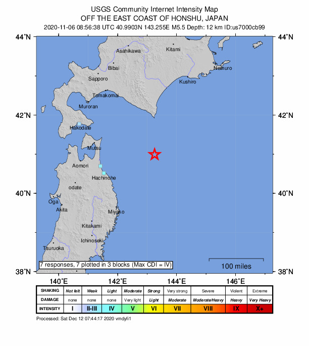 USGS DYFI community-reported intensity map for the M5.5 earthquake near 157 km ENE of Hachinohe, Japan