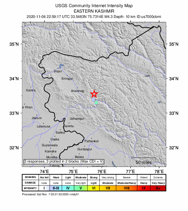 USGS DYFI community-reported intensity map for the M4.6 earthquake near 24 km N of Kishtw?r, India
