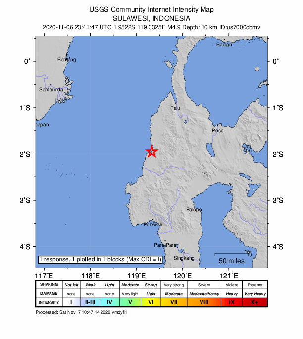 USGS DYFI community-reported intensity map for the M4.9 earthquake near 91 km NNE of Mamuju, Indonesia