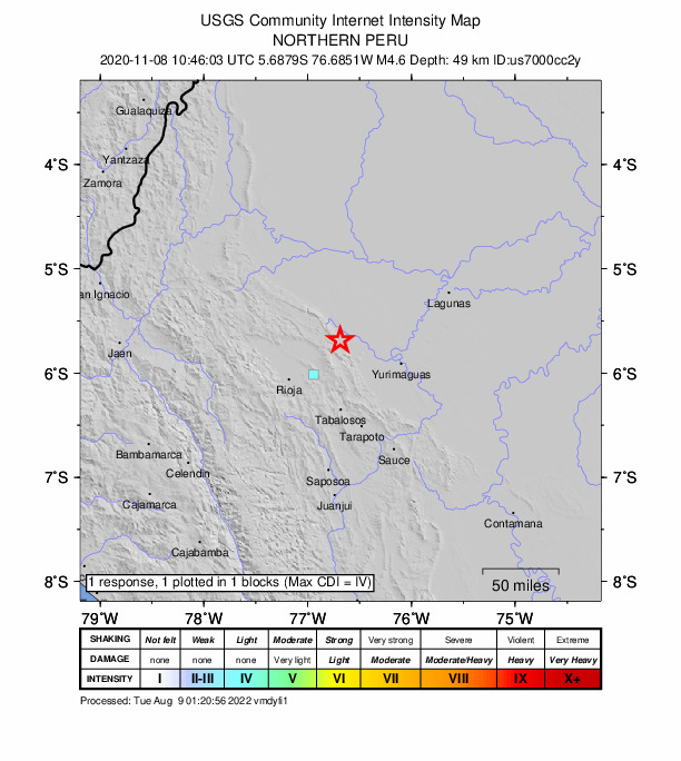 USGS DYFI community-reported intensity map for the M4.6 earthquake near 49 km NE of Moyobamba, Peru