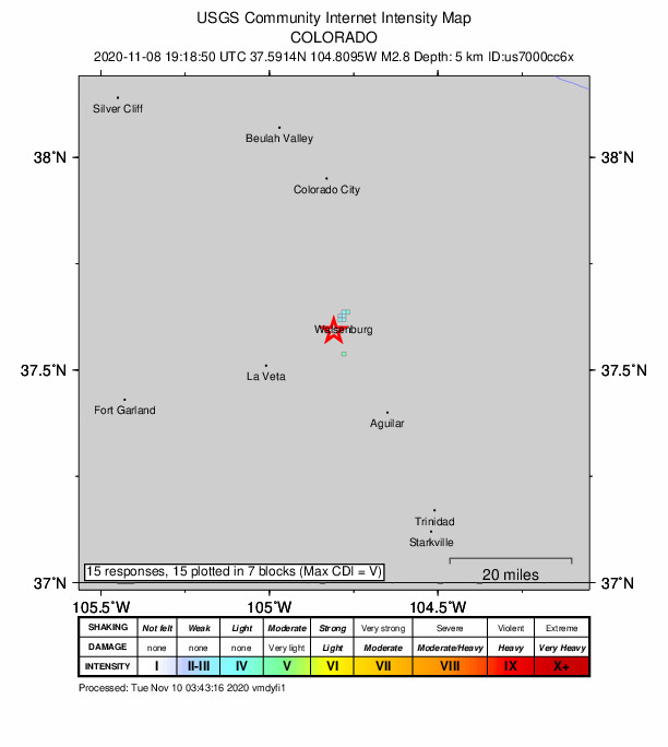USGS DYFI community-reported intensity map for the M2.5 earthquake near 4 km SSW of Walsenburg, Colorado