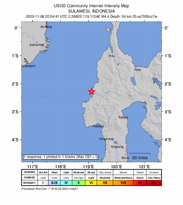 USGS DYFI community-reported intensity map for the M4.4 earthquake near 49 km NNE of Mamuju, Indonesia