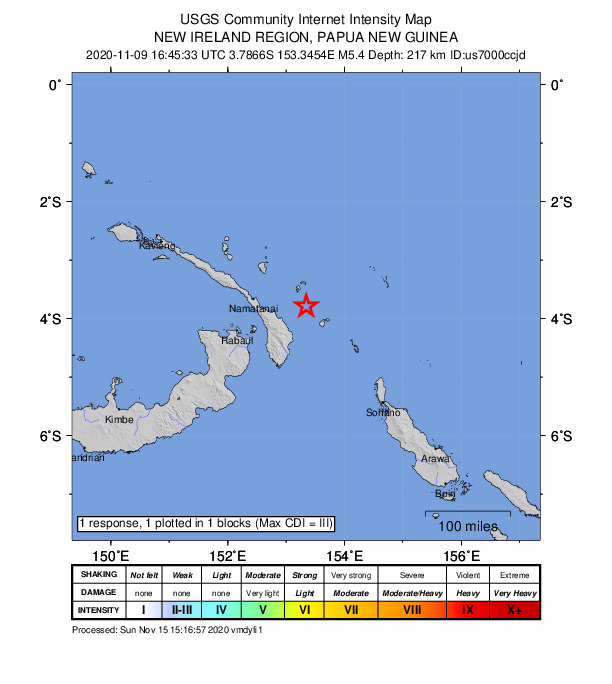 USGS DYFI community-reported intensity map for the M5.4 earthquake near 134 km ENE of Kokopo, Papua New Guinea