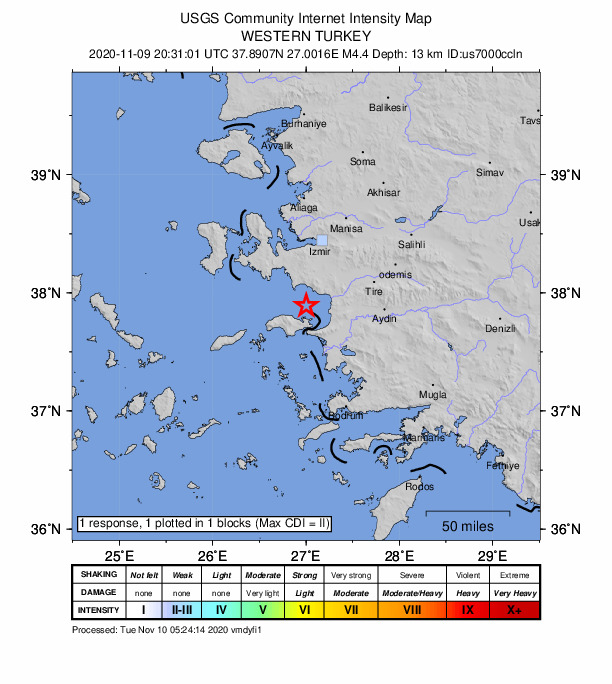 USGS DYFI community-reported intensity map for the M4.3 earthquake near 12 km NNE of Kokkári, Greece