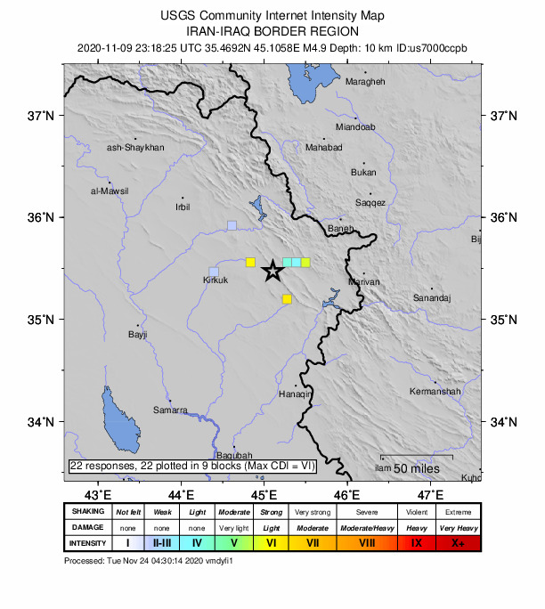 USGS DYFI community-reported intensity map for the M4.9 earthquake near 25 km ESE of Jamjam?l, Iraq