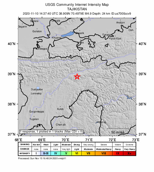 USGS DYFI community-reported intensity map for the M4.9 earthquake near 18 km SE of Rasht, Tajikistan