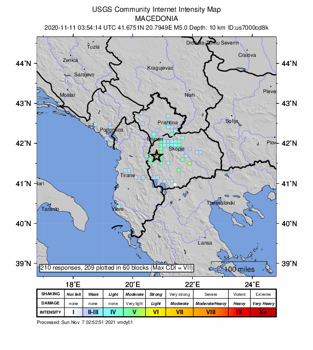USGS DYFI community-reported intensity map for the M5.0 earthquake near 11 km SSW of Vrutok, North Macedonia