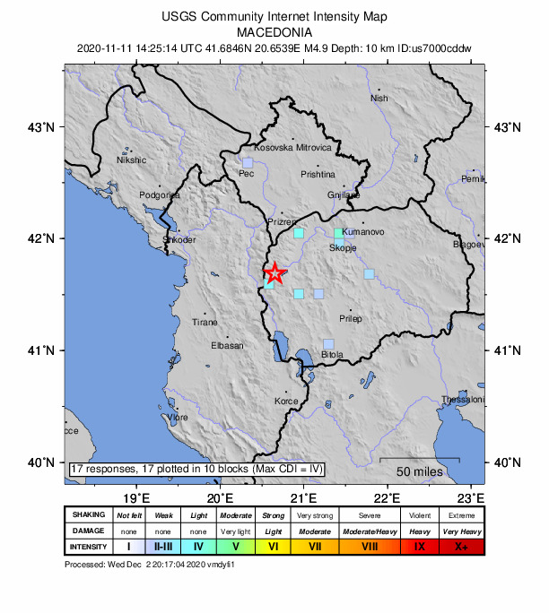 USGS DYFI community-reported intensity map for the M4.9 earthquake near 8 km NE of Rostusa, North Macedonia