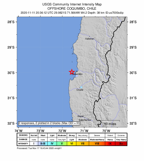 USGS DYFI community-reported intensity map for the M4.2 earthquake near 22 km W of Coquimbo, Chile