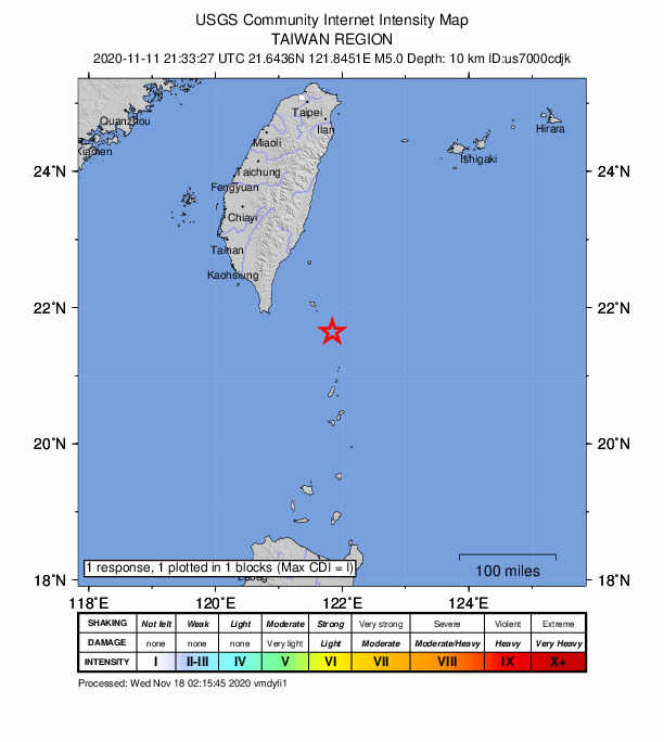 USGS DYFI community-reported intensity map for the M5.0 earthquake near 120 km ESE of Hengchun, Taiwan