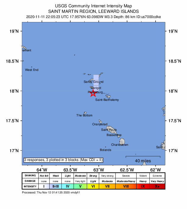 USGS DYFI community-reported intensity map for the M3.3 earthquake near 24 km S of Blowing Point Village, Anguilla