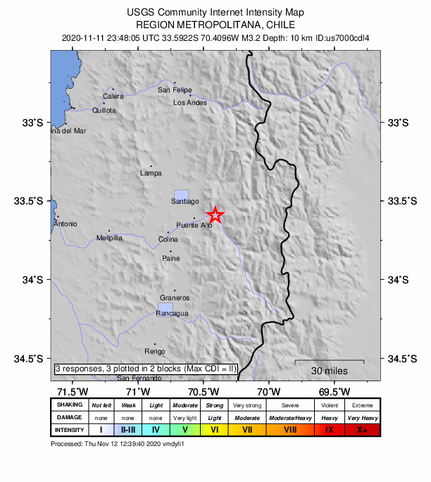 USGS DYFI community-reported intensity map for the M3.2 earthquake near 15 km E of Puente Alto, Chile
