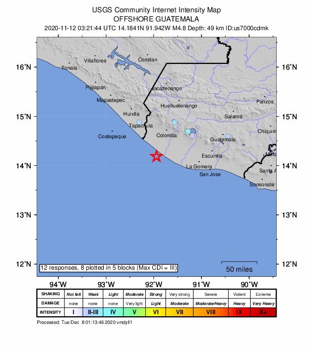 USGS DYFI community-reported intensity map for the M4.7 earthquake near 7 km SSE of Champerico, Guatemala